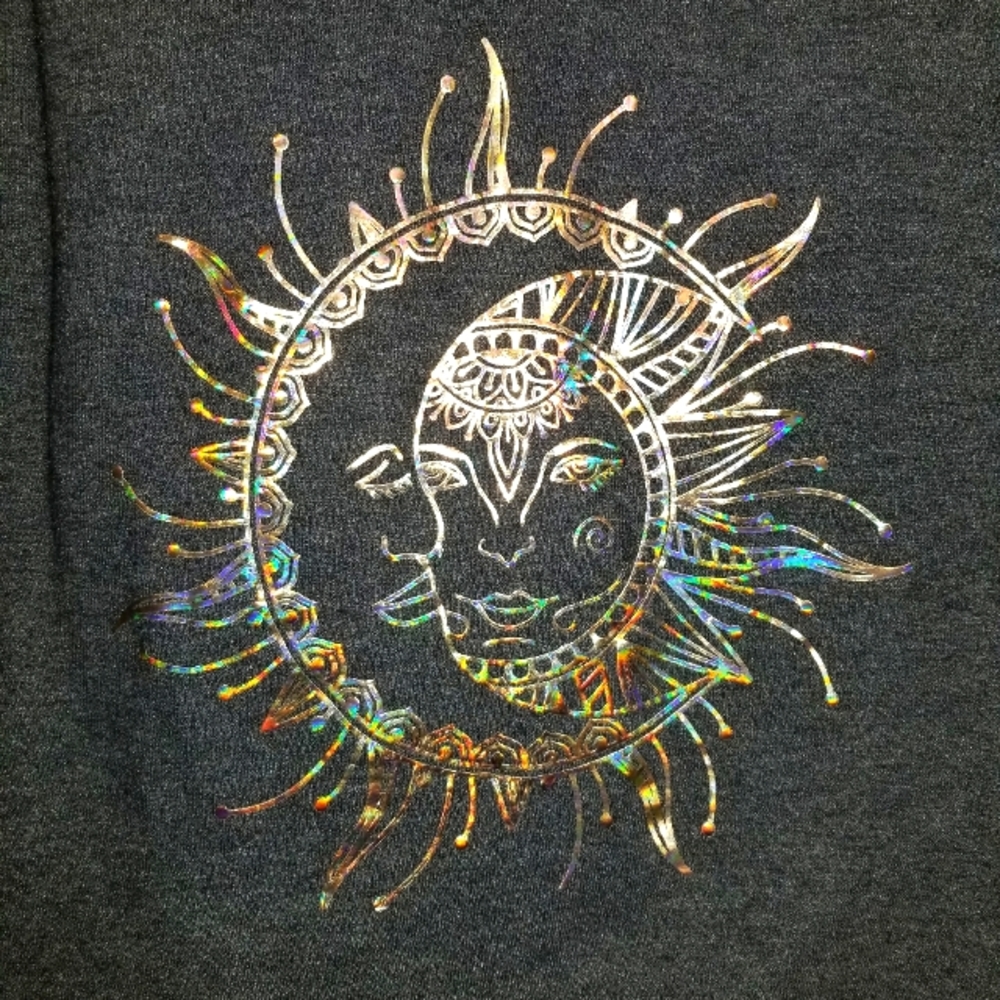 Grey zip up hooded sweatshirt with holographic sun and moon vinyl! Size small.